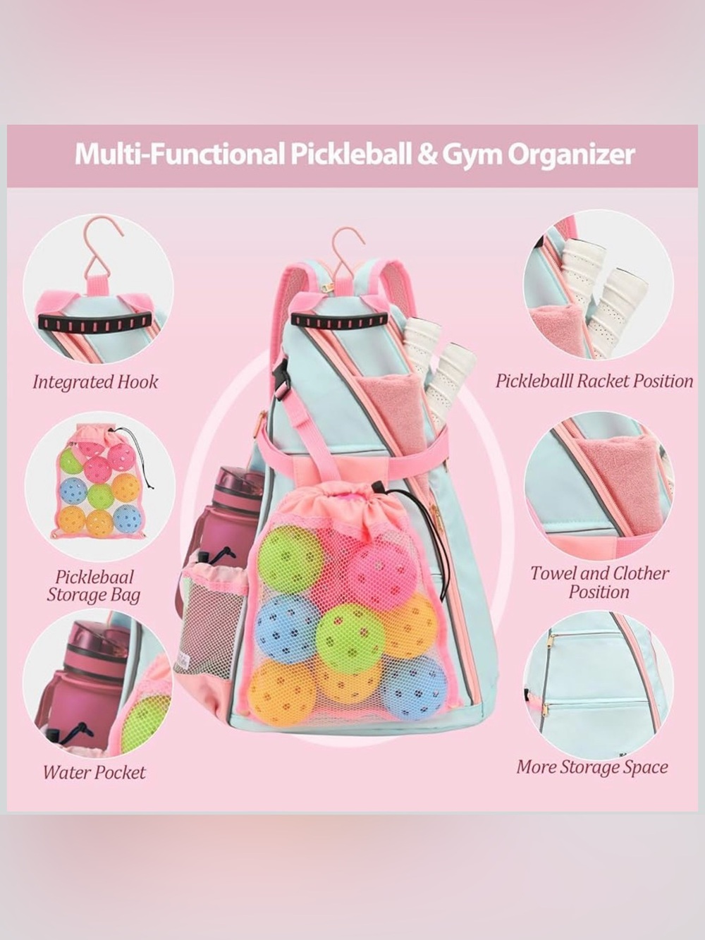 NWT EdenRiver Pickleball Bag Backpack for Women, pink & baby blue, many uses!!